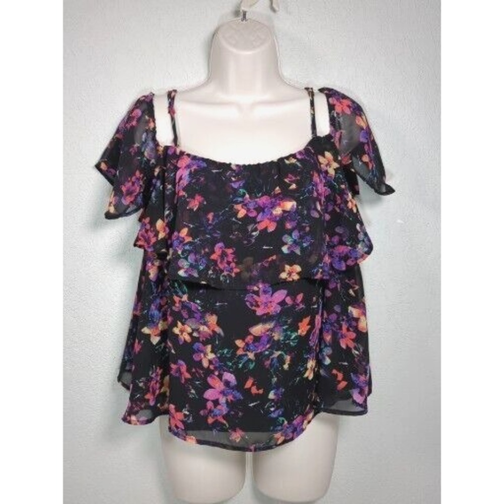 Decree Womens Top Size XL‎ Cold Shoulder Spaghetti Strap Black Purple Lined